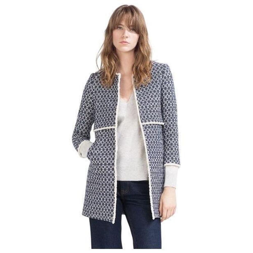 ZARA Coat M Blue Ivory Tweed Fringe Open Front Pockets Topper Jacket